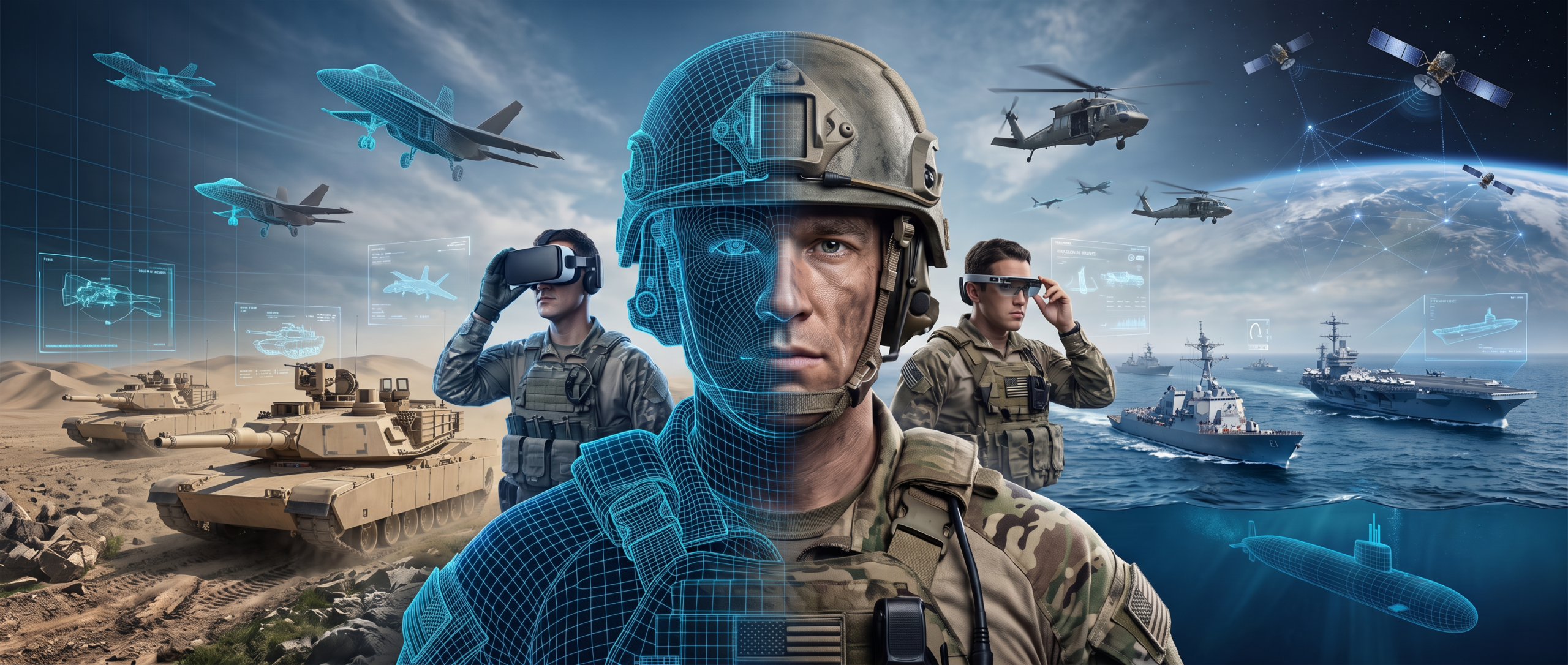 Composite artwork of soldiers, tanks, aircraft, naval ships, and satellites linked by digital communication networks.